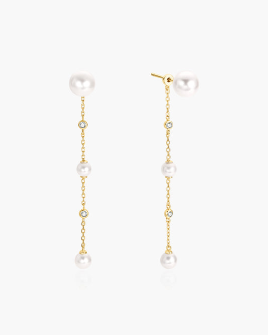 Gold Cascade Shell Pearl Station Drop Stud Earrings