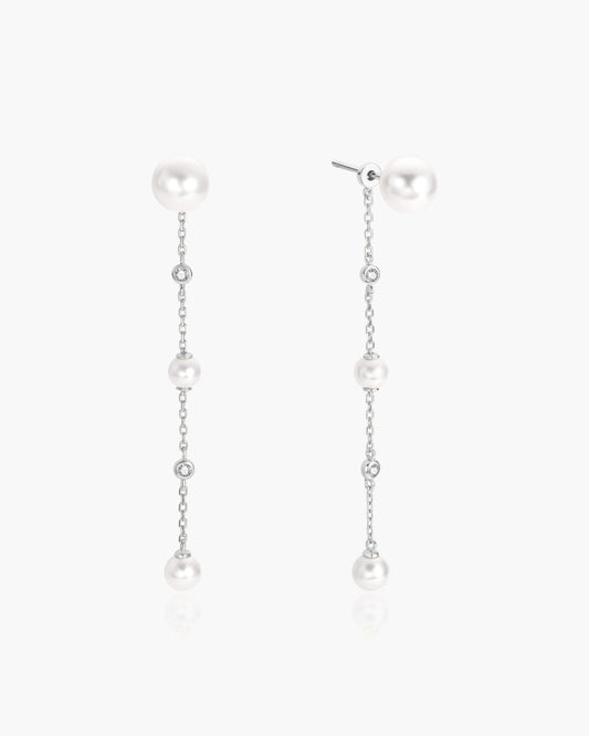 Silver Cascade Shell Pearl Station Drop Stud Earrings