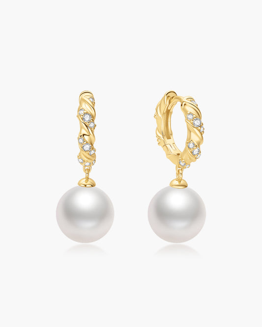 Gold Shell Pearl Dangling Twisted Huggie Hoop Earrings