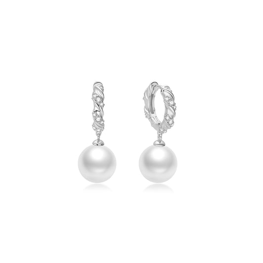 Silver Shell Pearl Dangling Twisted Huggie Hoop Earrings