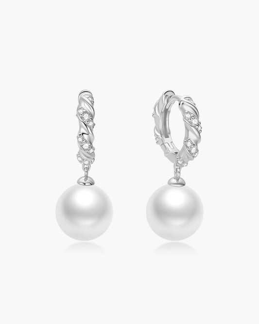 Silver Shell Pearl Dangling Twisted Huggie Hoop Earrings