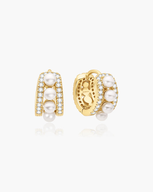 Gold Sparkling Shell Pearl Row Huggie Hoop Earrings