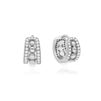Silver Sparkling Shell Pearl Row Huggie Hoop Earrings