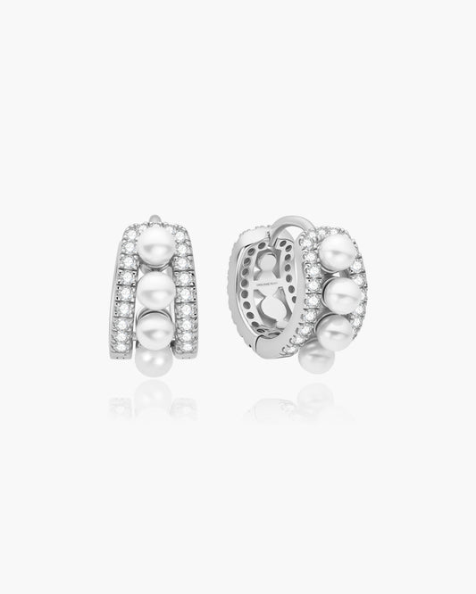 Silver Sparkling Shell Pearl Row Huggie Hoop Earrings