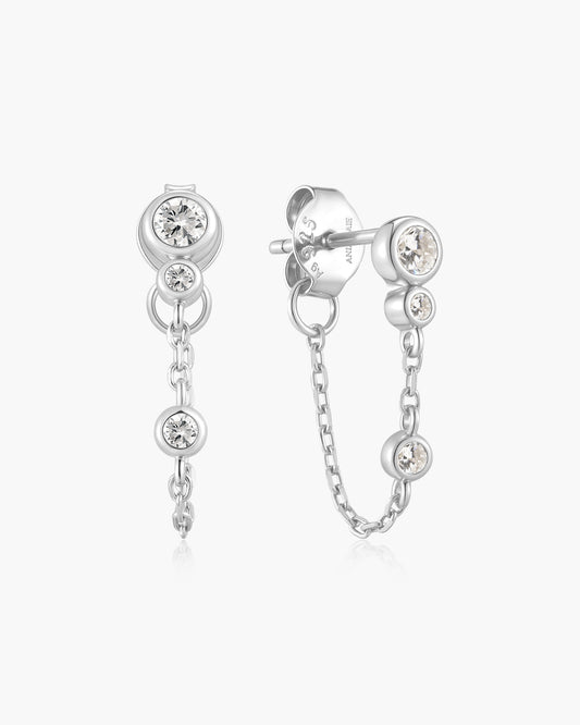 Silver Bezel-Set Drop Chain Stud Earrings