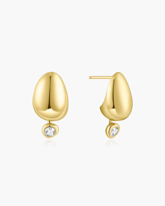 Gold Organic Dome Pebble with Bezel Dangle Stud Earrings