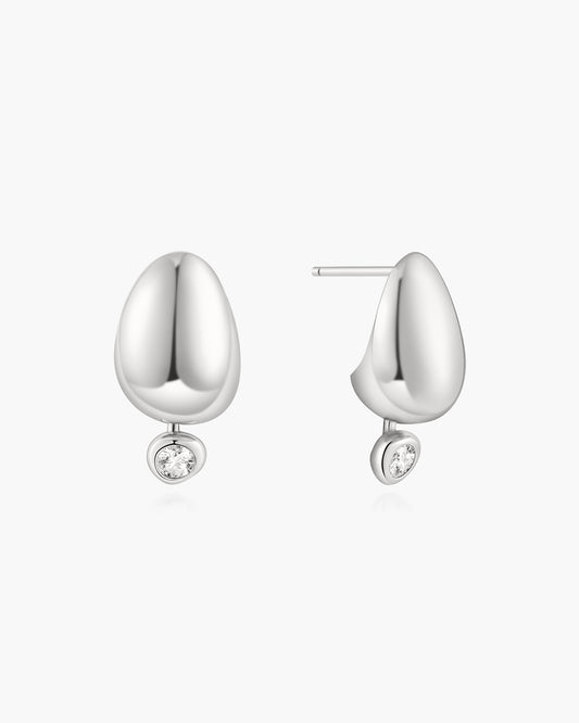 Silver Organic Dome Pebble with Bezel Dangle Stud Earrings