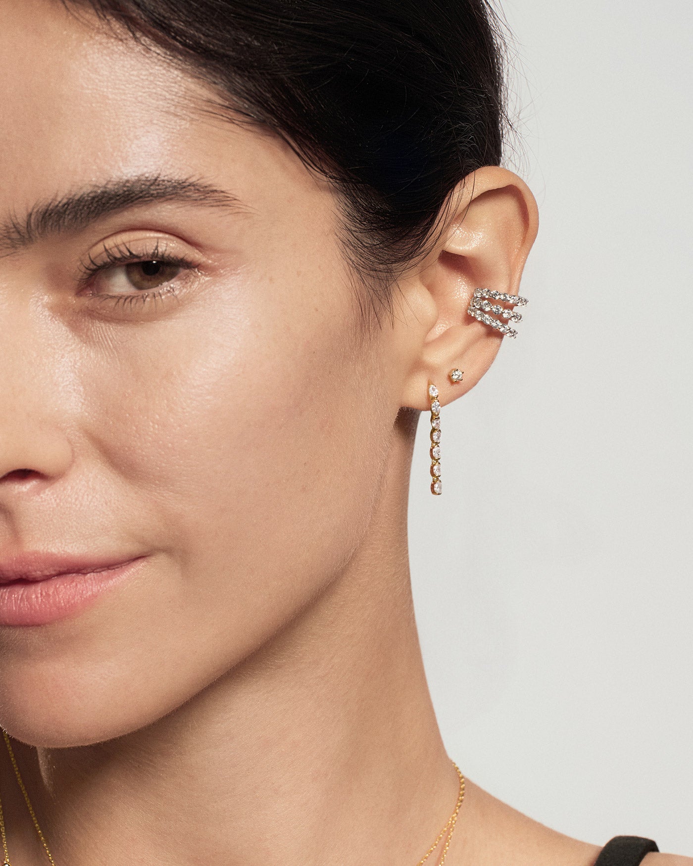 Gold Half-Bezel Oval Linear Dangle Stud Earrings
