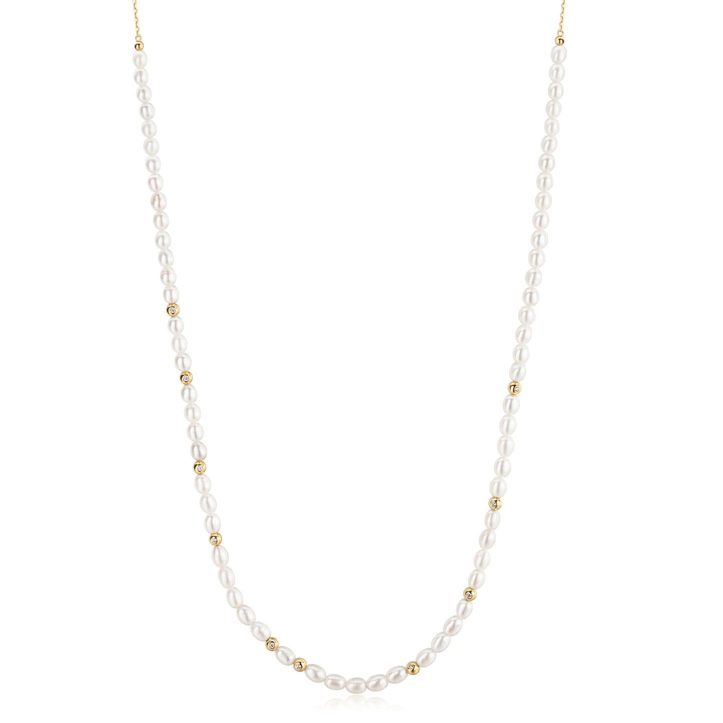 Gold Freshwater Pearl and White Cubic Zirconia Bezel Set Slider Necklace