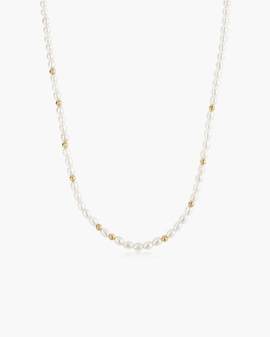 Gold Freshwater Pearl and White Cubic Zirconia Bezel Set Slider Necklace