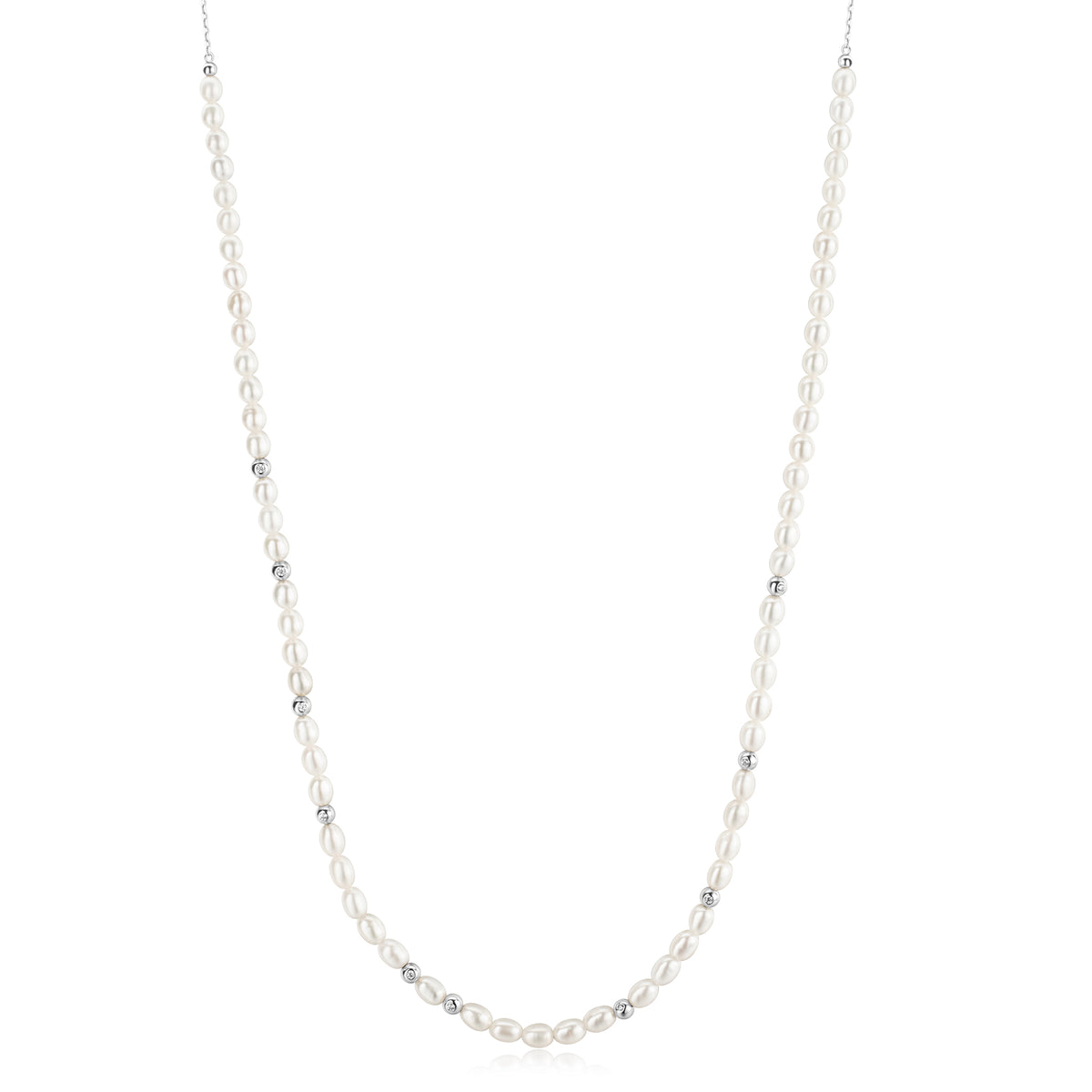 Silver Freshwater Pearl and White Cubic Zirconia Bezel Set Slider Necklace
