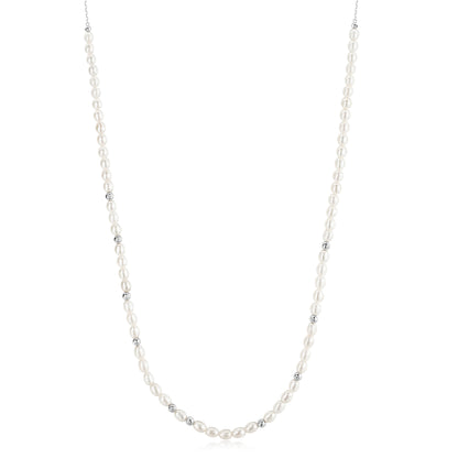 Silver Freshwater Pearl and White Cubic Zirconia Bezel Set Slider Necklace