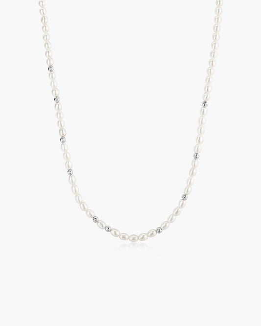 Silver Freshwater Pearl and White Cubic Zirconia Bezel Set Slider Necklace