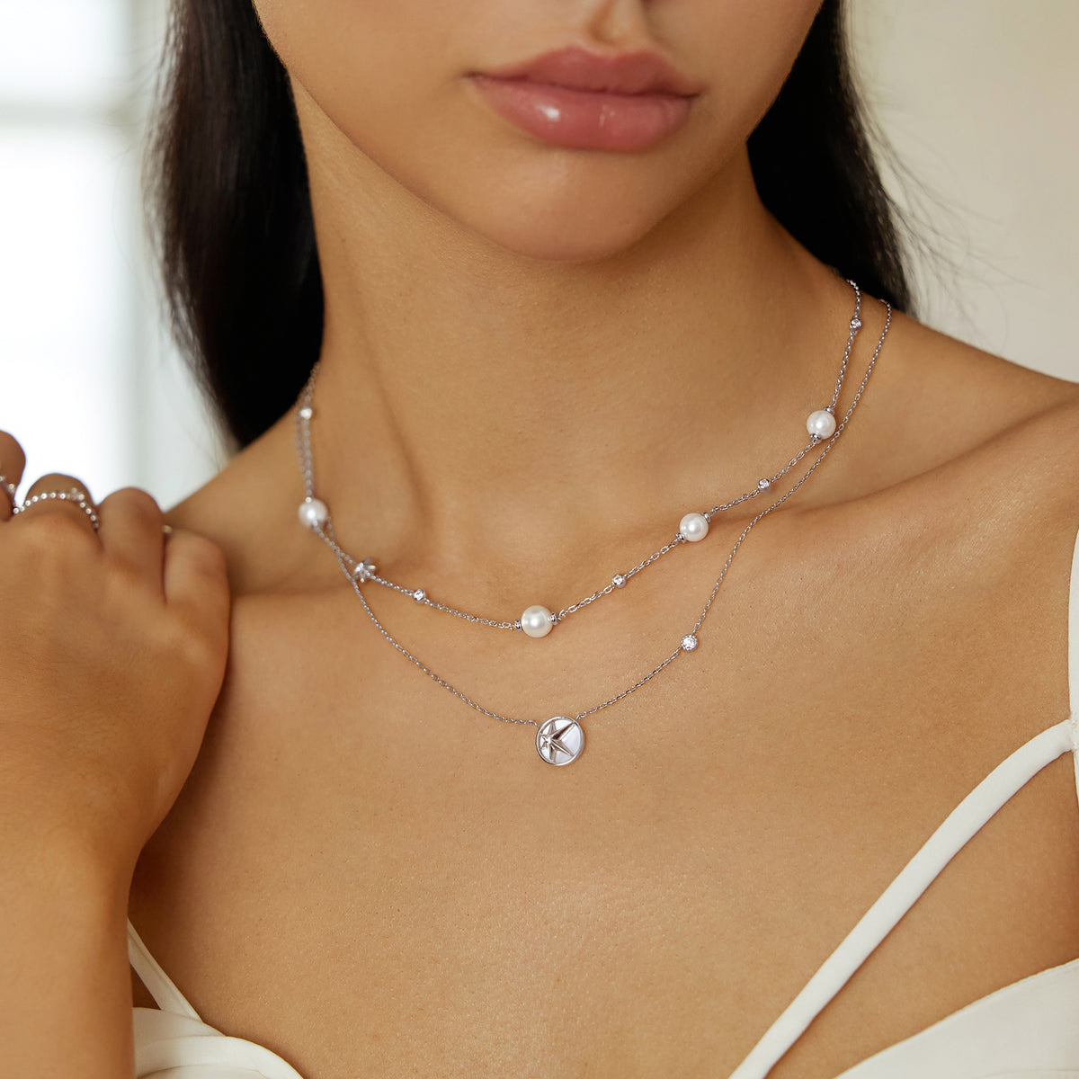 Silver Shell Pearl and Star Station Necklace