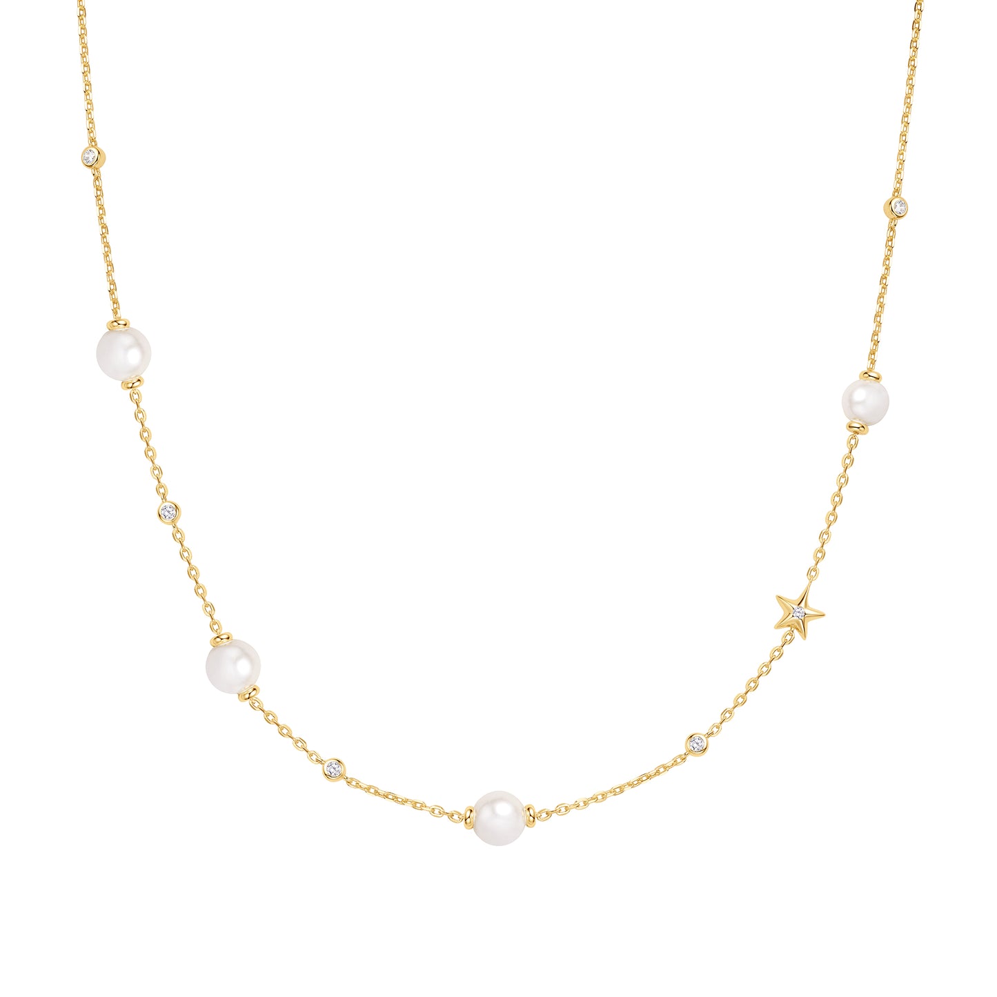 Gold Shell Pearl and Star Station Necklace
