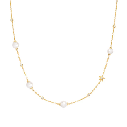 Gold Shell Pearl and Star Station Necklace