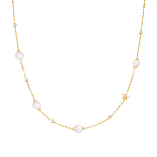 Gold Shell Pearl and Star Station Necklace