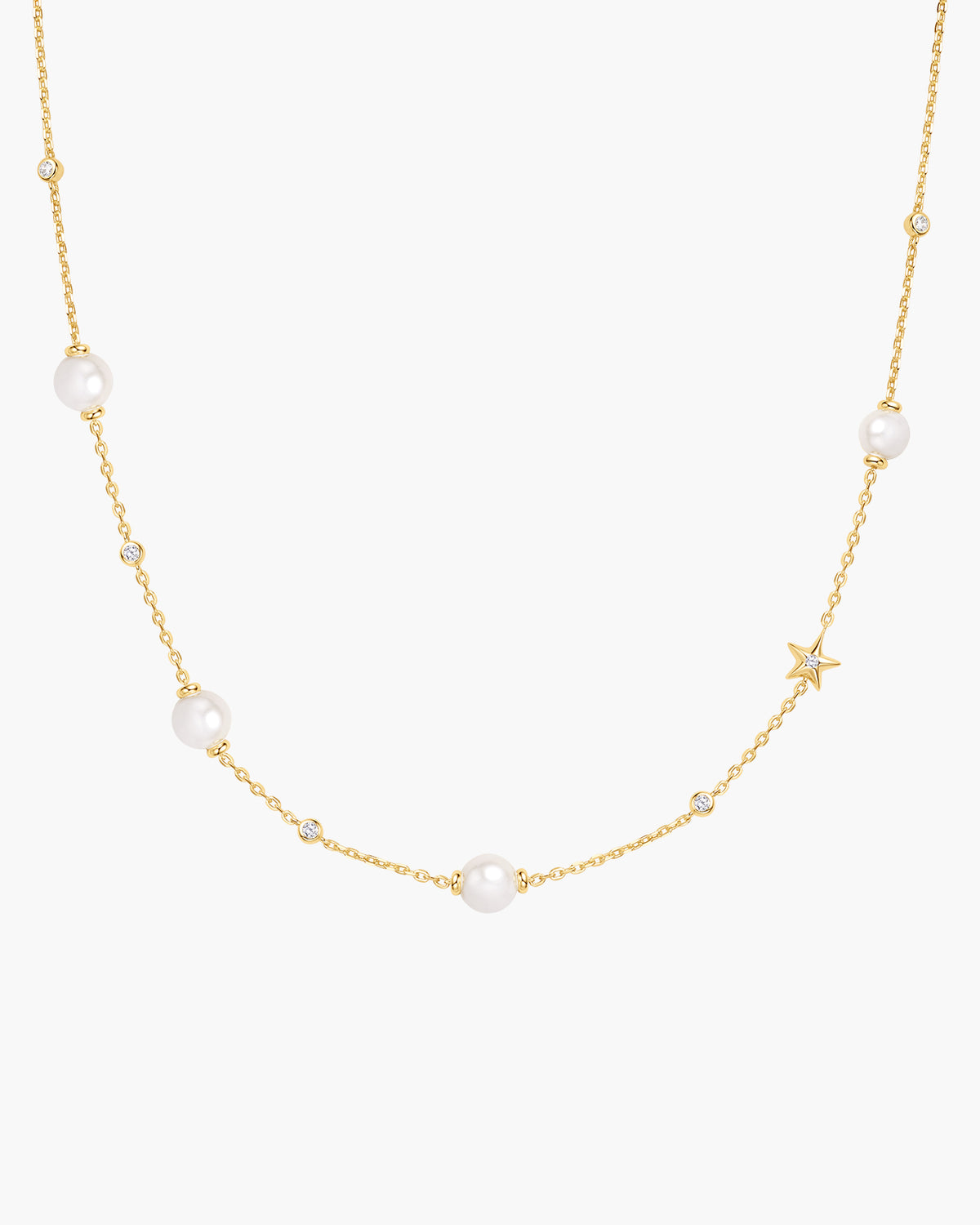 Gold Shell Pearl and Star Station Necklace