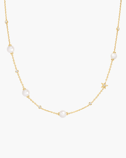 Gold Shell Pearl and Star Station Necklace
