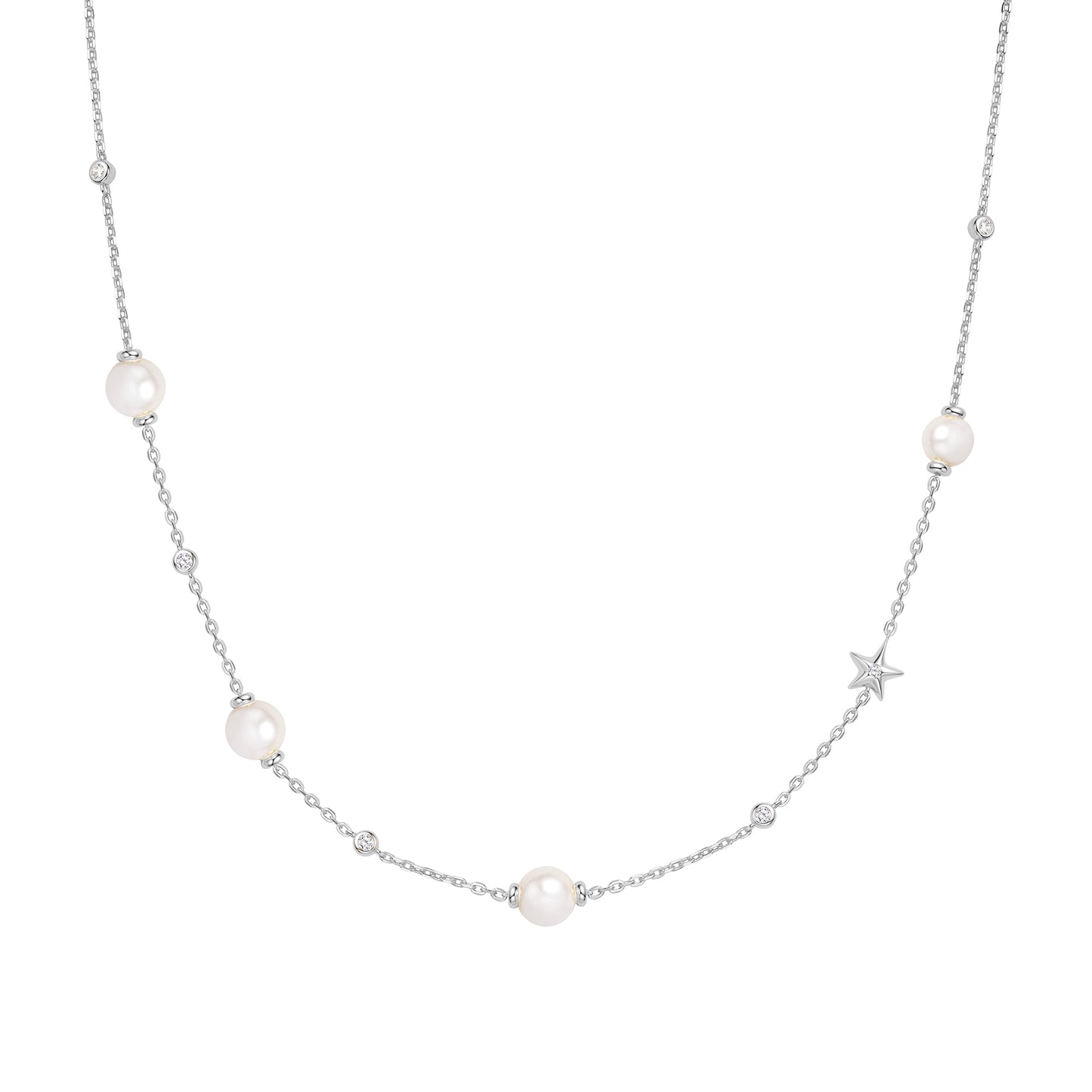 Silver Shell Pearl and Star Station Necklace