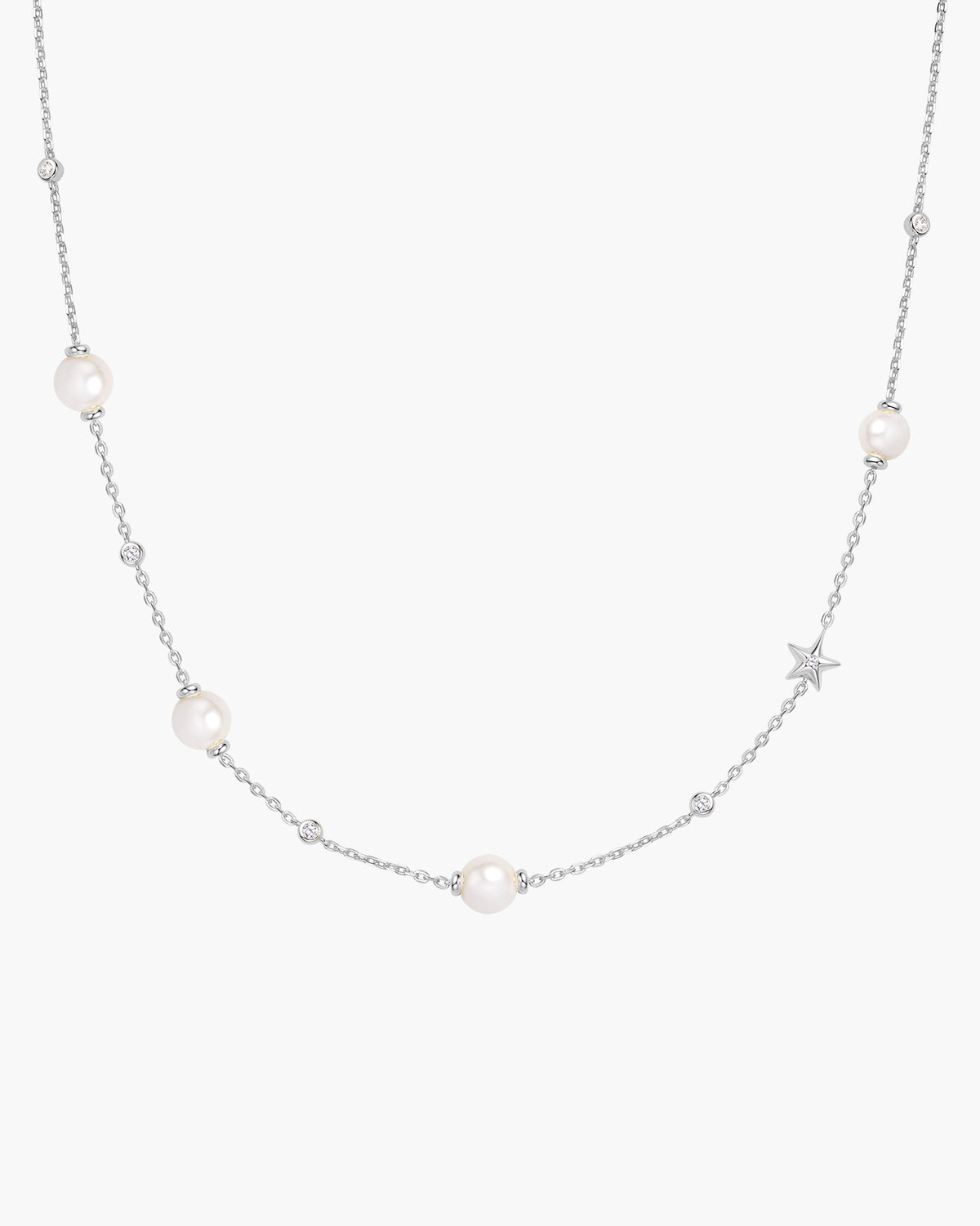 Silver Shell Pearl and Star Station Necklace
