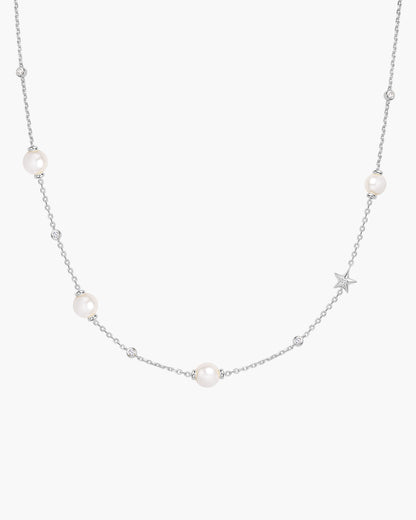 Silver Shell Pearl and Star Station Necklace