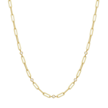 Gold Bezel Station Paper Clip Chain Necklace