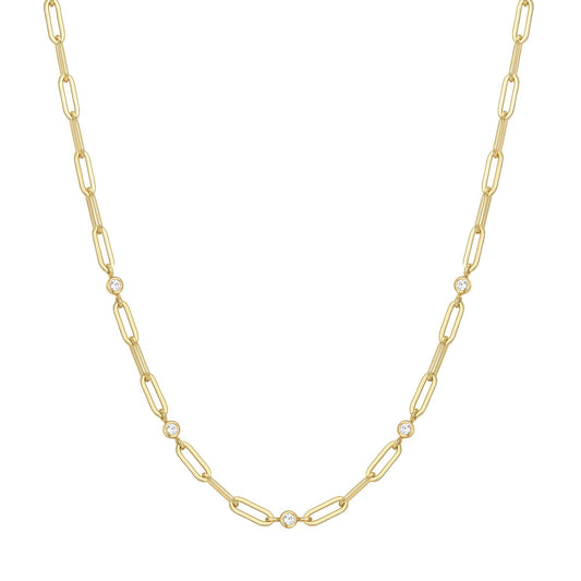 Gold Bezel Station Paper Clip Chain Necklace