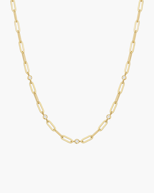 Gold Bezel Station Paper Clip Chain Necklace