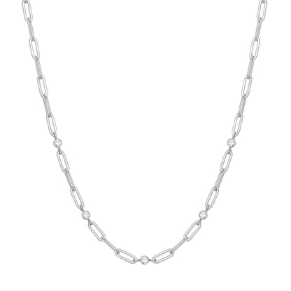 Silver Bezel Station Paper Clip Chain Necklace