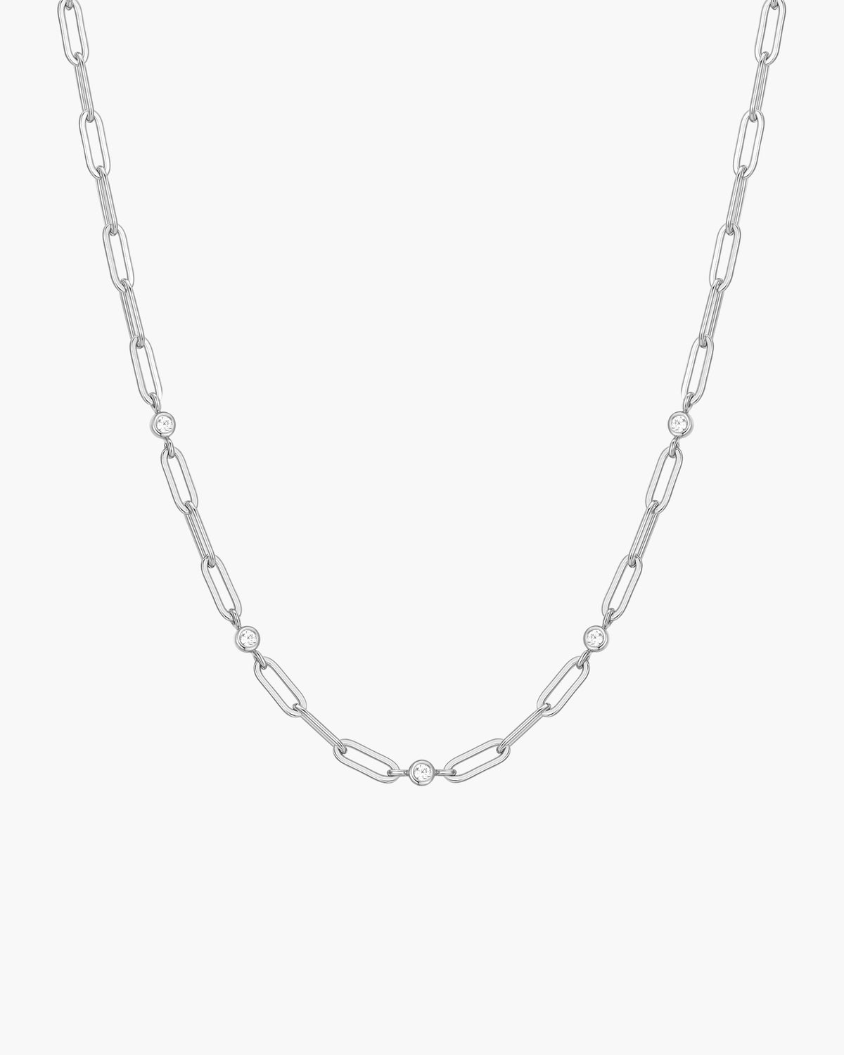 Silver Bezel Station Paper Clip Chain Necklace
