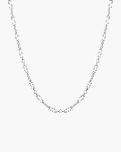 Silver Bezel Station Paper Clip Chain Necklace