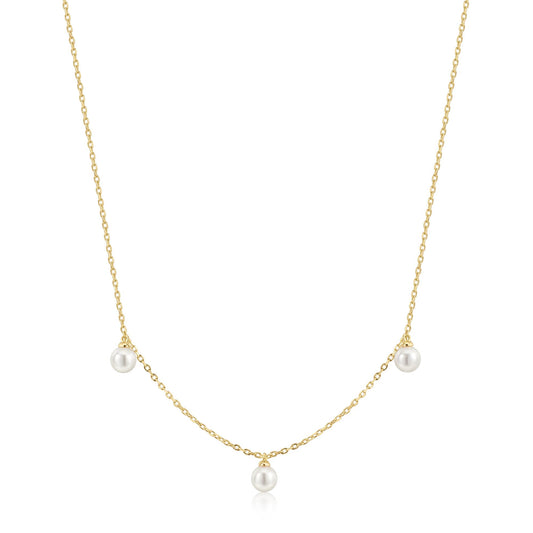 Gold Triple Shell Pearl Station Necklace