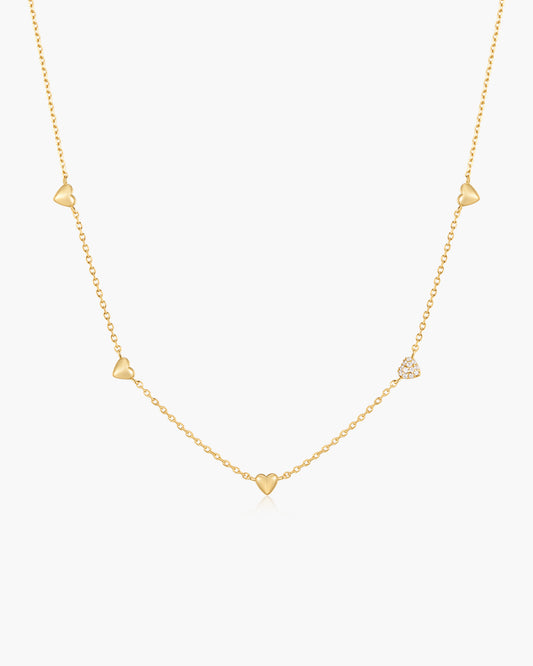 Gold Pavé Puffed Heart Station Necklace