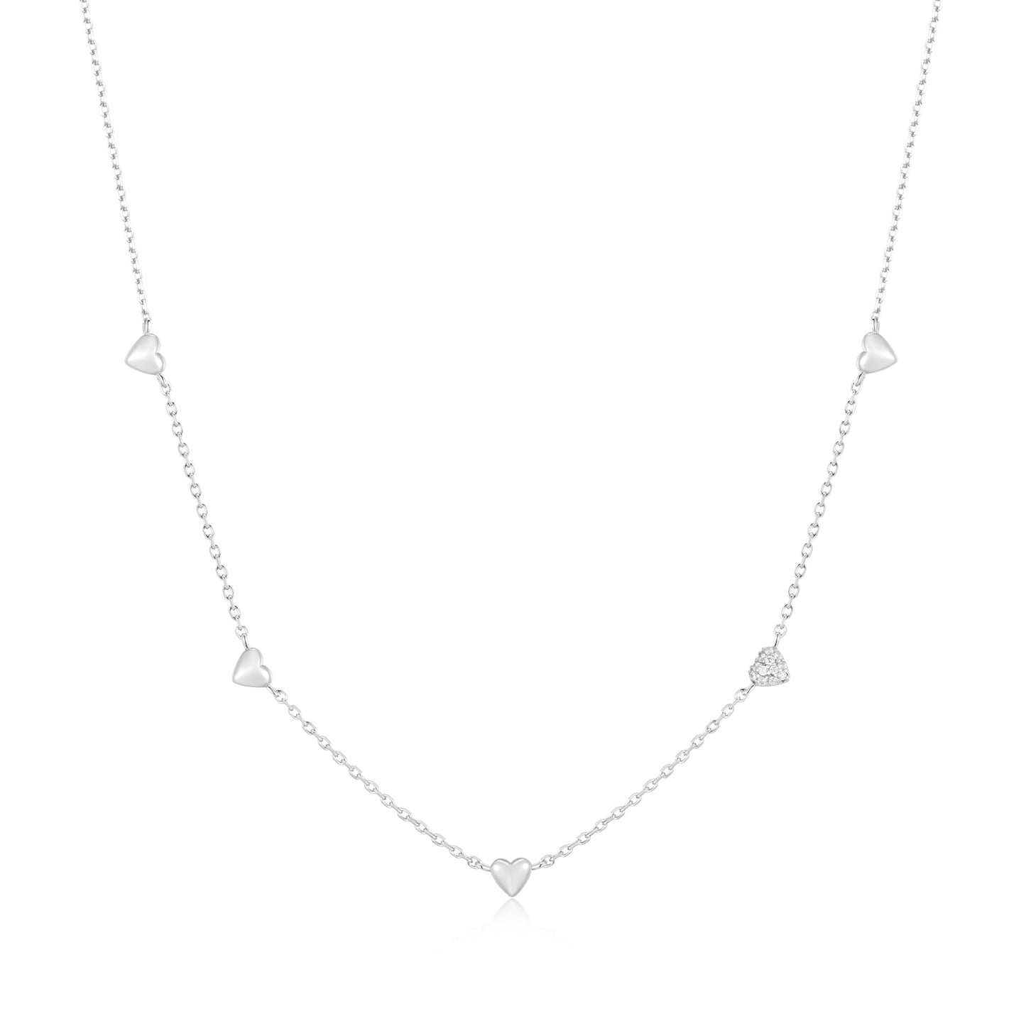 Silver Pavé Puffed Heart Station Necklace