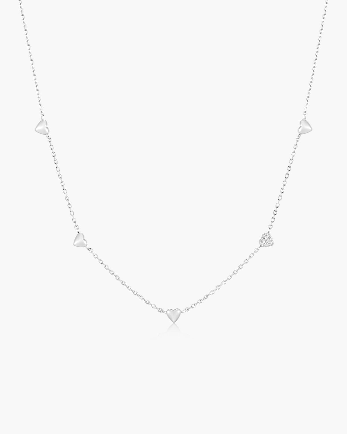 Silver Pavé Puffed Heart Station Necklace