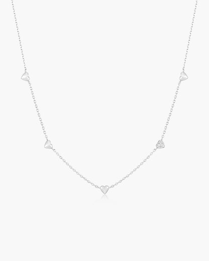 Silver Pavé Puffed Heart Station Necklace