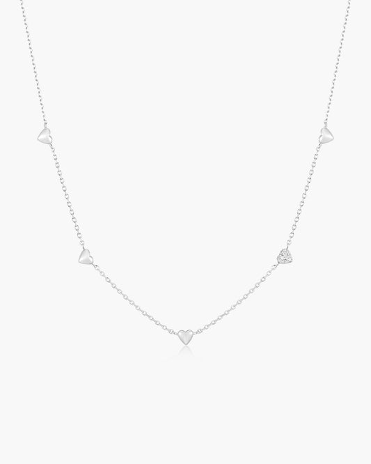 Silver Pavé Puffed Heart Station Necklace