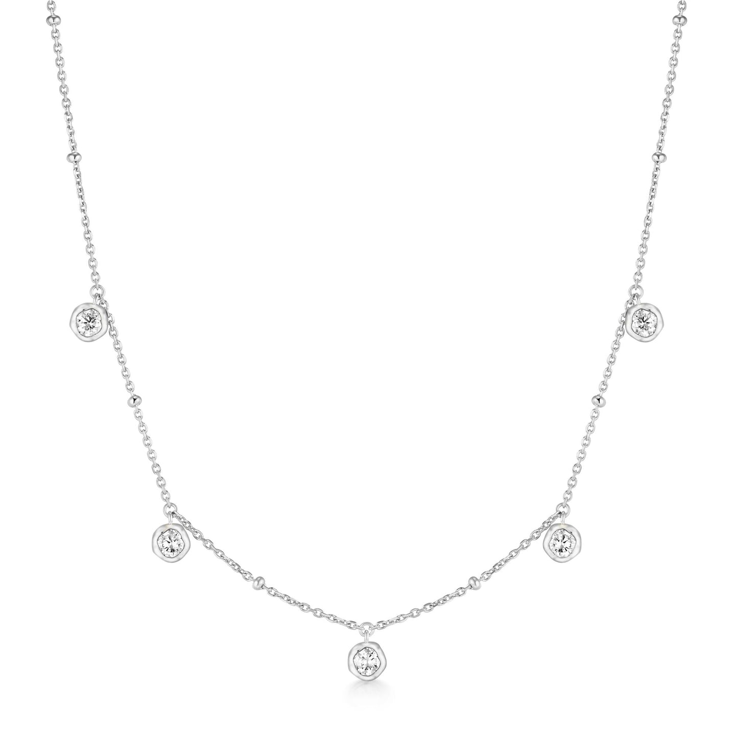 Silver Molten Bezel-Set Droplet Station Necklace