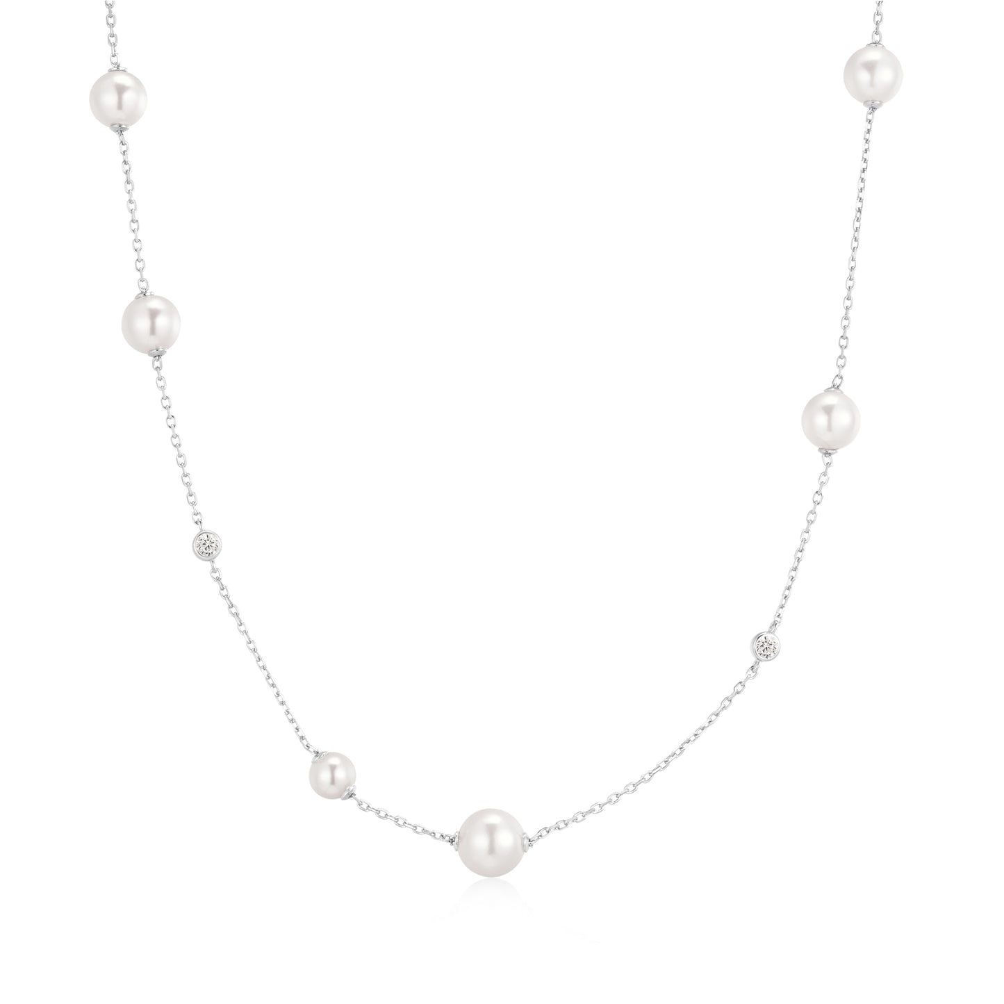 Silver Asymmetric Shell Pearl Station Necklace