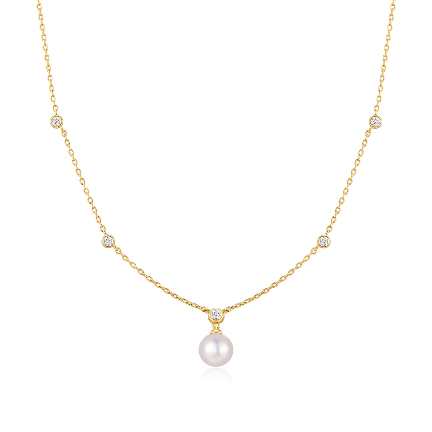 Gold Bezel-Set Station Necklace with Shell Pearl Pendant