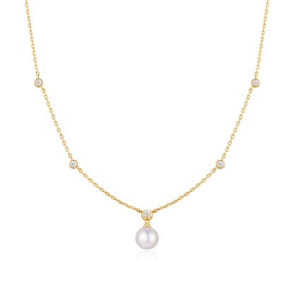 Gold Bezel-Set Station Necklace with Shell Pearl Pendant