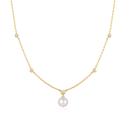 Gold Bezel-Set Station Necklace with Shell Pearl Pendant