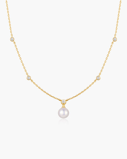 Gold Bezel-Set Station Necklace with Shell Pearl Pendant