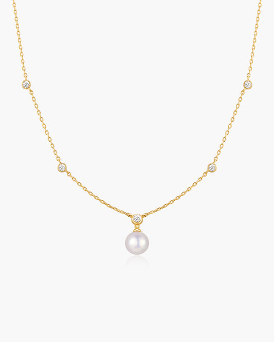 Gold Bezel-Set Station Necklace with Shell Pearl Pendant
