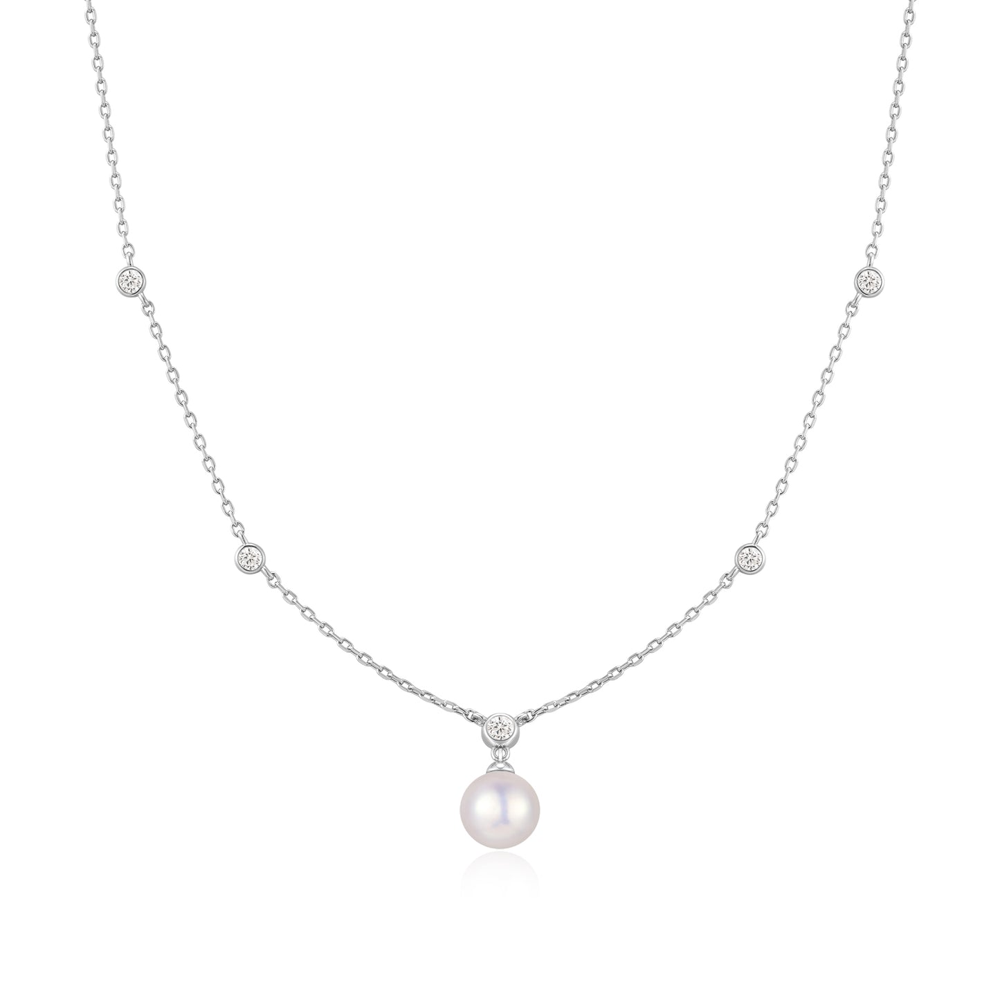 Silver Bezel-Set Station Necklace with Shell Pearl Pendant