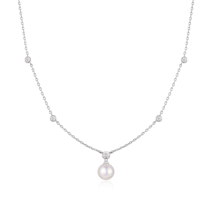 Silver Bezel-Set Station Necklace with Shell Pearl Pendant