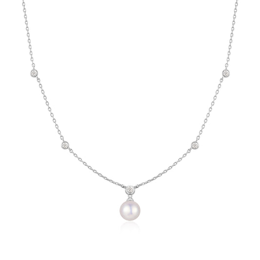 Silver Bezel-Set Station Necklace with Shell Pearl Pendant