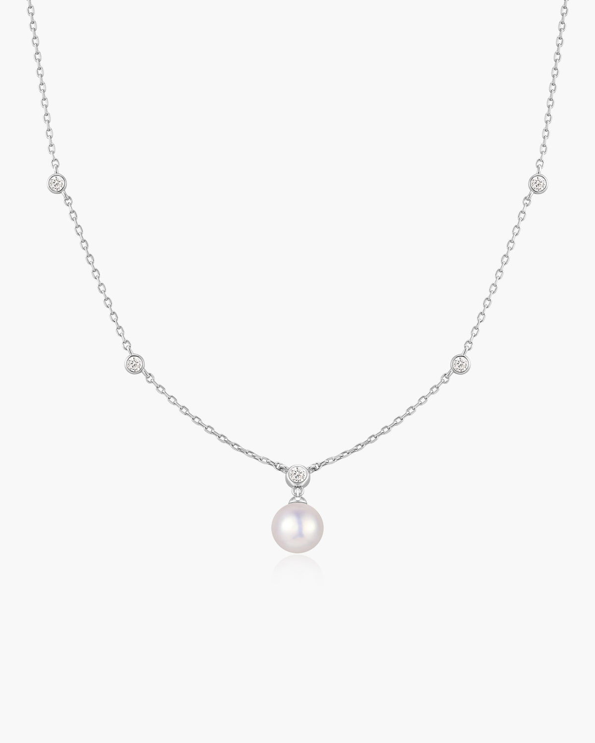 Silver Bezel-Set Station Necklace with Shell Pearl Pendant