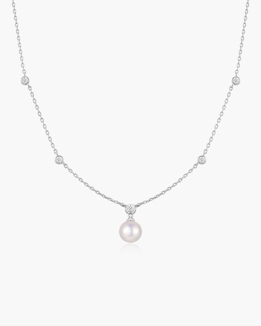 Silver Bezel-Set Station Necklace with Shell Pearl Pendant